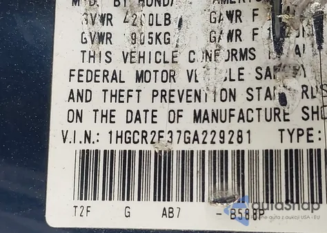 2016 Honda Accord Lx из США, поврежденный, VIN 1HGCR2F37GA229281